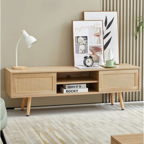 Mueble TV 140/40/45 cm efecto madera natural con puertas correderas trenzadas (1/5)