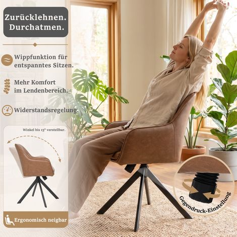 Goeurvant Gepolsterte Esszimmerstühle mit Armlehnen, Kunstleder Braun, 360° Drehbar & Wippfunktion