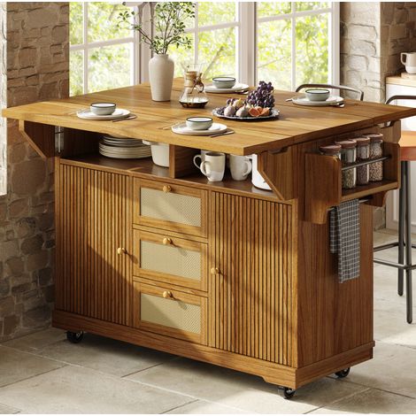 Klappbare Kücheninsel 142,5 x 80 x 95 cm, Rollen, MDF und Metall, dunkelbraun OKMYHOME (1/5)