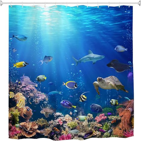 Rideau de douche extra long 240 cm, Poissons sous l'océan Tissu anti-moisissure Rideau de bain imperméable pour salle de bain Baignoire, 180 x 240 cm, Bleu vif (1/5)