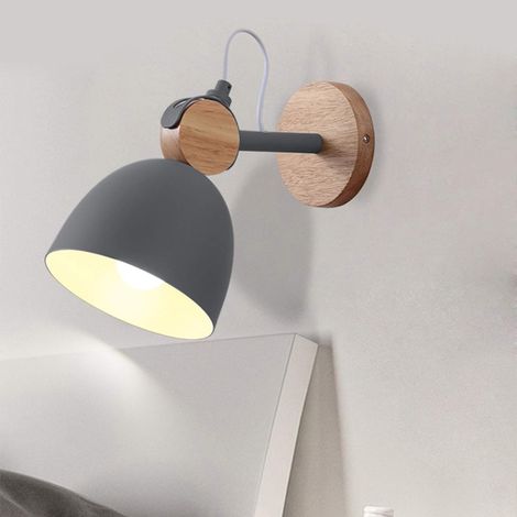 Applique en bois, spot mural d'intérieur moderne, métal et bois, couleur gris, avec lunette de spot orientable, 1 douille E27, maximum 40 watts, ampoule non incluse