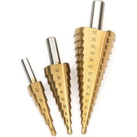 Set di 3 punte a gradini in acciaio rapido rivestite in titanio, ideali per forare plastica, legno, lamiera e alluminio. Punte a gradini (metriche: 4-12 mm / 4-20 mm / 4-32 mm). (1/2)