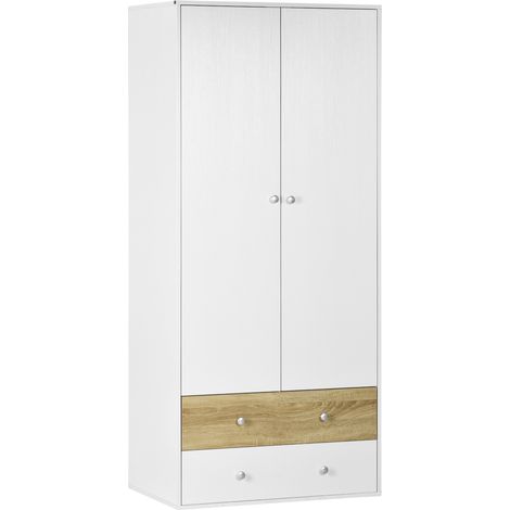 Stylish White 2-Door Wardrobe with Drawers and Hanging Rod for Bedroom Storage and Organization (1/5)