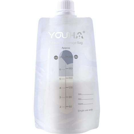 YOUHA 40 Muttermilchbeutel 7 oz/210 ml mit Anschluss für Milchpumpe und Milchflasche, BPA-frei