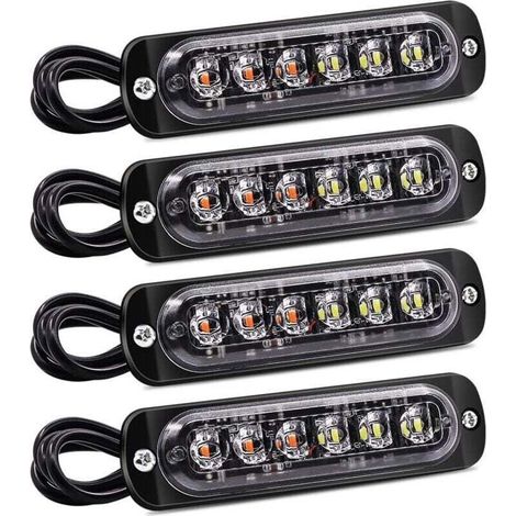 4 luci stroboscopiche lampeggianti, 6 LED, luce di emergenza lampeggiante di segnalazione pericolo, barra luminosa di segnalazione guasti impermeabile arancione e bianca, 12V 24V per auto e camion