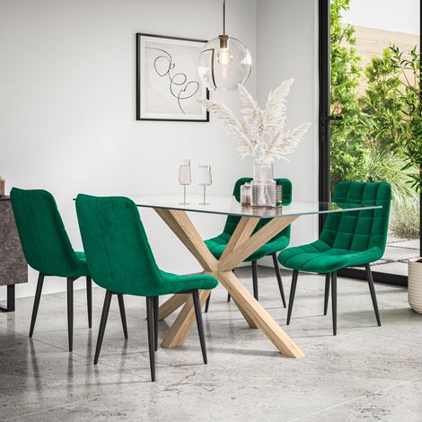 Etta Glass Dining Table And Chairs - Glass Top w Solid Oak Legs + Nova Velvet Dining Chair Set Of 4 (Green) (1/5)