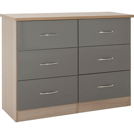 Nevada 6 Drawer Chest - L46 x W120 x H89.5 cm - Grey Gloss/Light Oak Effect Veneer