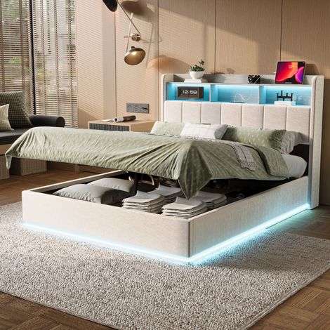 BSMGSGN-Lit Coffre 160x200 cm en Velours Blanc, avec LED et Port USB, Rangement Hydraulique, Tête de Lit avec Étagères et Sommier à Lattes, Lit Double Rembourré sans Matelas (1/5)