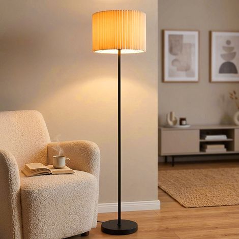 Lampada da terra in tessuto naturale Lampada da terra nera Lampada da soggiorno a LED, metallo, 1x LED 9W 810Lm bianco caldo, DxH 38 x 152 cm (1/5)