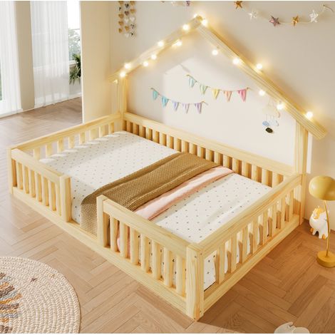 Cama casita infantil (223.5x95x131 cm), con barrera de seguridad, luz LED, madera natural (1/5)