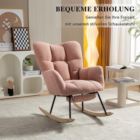 009B Fauteuil à bascule moderne rembourré en tissu peluche avec repose-pieds extensible – rose (1/4)