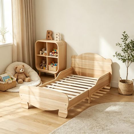 Kinderbett 70 × 140 cm aus Naturholz mit Sicherheitsgitter, Bären‑Motiv für Jungen und Mädchen, geeignet für Kinder von 3‑6 Jahren(nur mit Betthalter) (1/5)