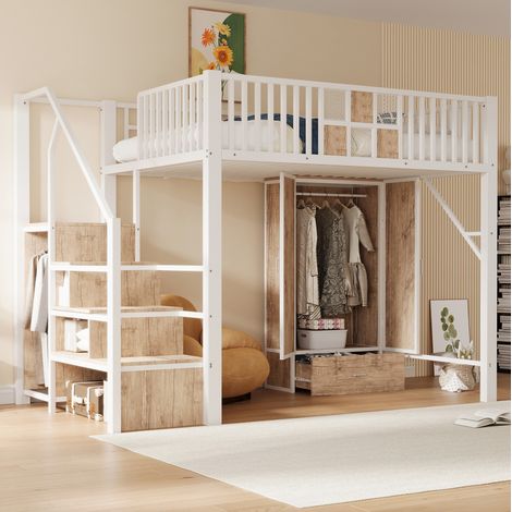 Cama alta moderna 140x200 cm de metal y madera blanca con armario, cajón, escalera con almacenaje y somier de láminas (1/5)