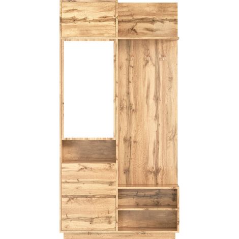 ELVMI Mobile da Ingresso con Specchio, Ganci, Scarpiera, Cassetti e Panca in MDF 90×34.5×190 cm Naturale (1/5)