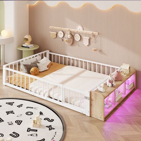 Lit enfant métal 140x200 cm, garde-corps, casiers de rangement, bandes LED, cadre fer, sans matelas, blanc