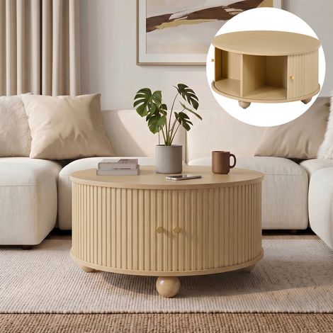 Table basse fixe ronde, 72x38 cm, Table de salon avec portes coulissantes et 4 compartiments, Design en relief rétro, Pour salon, Chêne (1/5)
