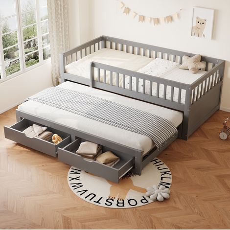 MEUBLIV Cama 90x200 cm gris con cama nido y 2 cajones, sin colchón (1/5)