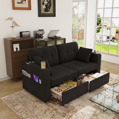 Canapé 2 plazas chenilla negra 172 cm con USB, cajones de almacenaje y portavasos