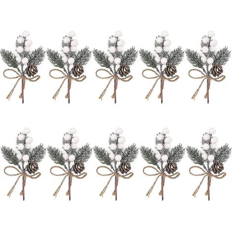 10 piezas de bayas navideñas blancas, tallos de pino artificiales, ramas de pino, tallos florales de bayas blancas para bodas (1/5)