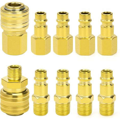 Raccord de Compresseur 1/4" BSP Raccord Rapide Pneumatique, 10 Pièces Homme Femme Raccords de Air Comprimé pour Tuyau Compresseur d'air Embout Pneumatiques (Or) (1/5)