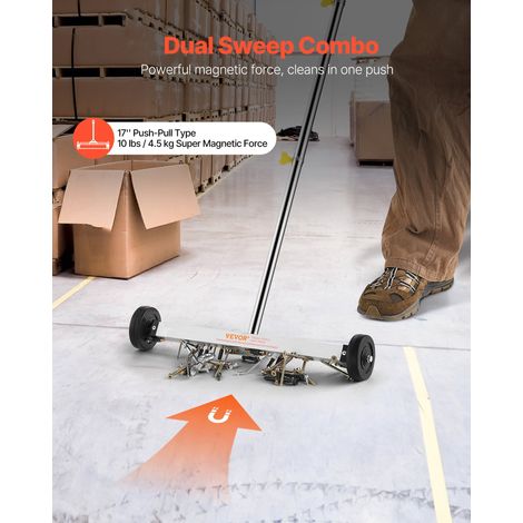 Balayeuse Magnétique sur Roulettes 44,5 cm, Balai Magnétique Léger, avec Capacité Maximale de 4,5 kg et Manche Réglable, Outil pour Ramasser les Clous et les Vis, Atelier Garage Chantier