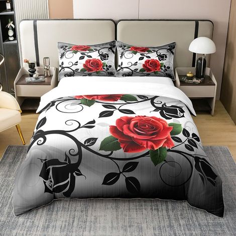 Rouge Rose 100% Coton Sets de Housse de Couette Floral Fleurs Housse de Couette pour Garçon Fille Romantique Parure de Lit 140x200cm Gris Blanc Parure Housse de Couette - 140 x 200 cm + 1 taie d'oreil (1/5)