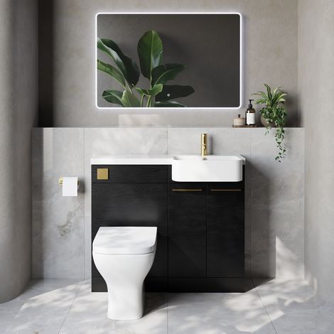 Napoli 250 Nero Oak 1000mm 2 Door Vanity Unit Toilet Suite with Right Hand Round Rico Semi Recessed Basin - 1000mm - Brushed Brass 160mm HandleWith Kingston Toilet Pan and Seat