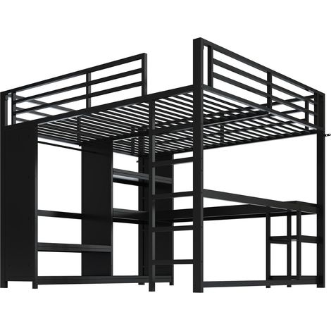 Cama alta de metal 160x200 negra con escritorio, LED, armario abierto y estantes (1/5)