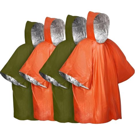 Poncho - Poncho de pluie - 4 pièces - Couverture de survie - 100 x 130 cm - Réversible - Avec capuche - Imperméable - Portable - Kit outdoor - Pour activités de plein air - Camping - Unisexe - Orange (1/5)