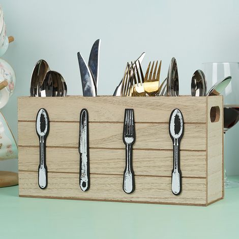 Modèle principal B Porte-couverts en bois 4 compartiments, rangement à couverts pour table, rangement décoratif pour couverts, panier à couverts, porte-ustensiles de cuisine pour fourchettes