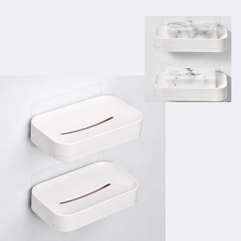 Porte-savon adhésif pour douche, lot de 2 avec bac d'égouttage, sans perçage, porte-savon blanc à suspendre au mur de la salle de bain (1/5)