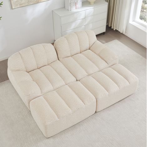 Divano modulare a 2 posti con 2 pouf, schiuma 32D, tessuto beige, 210 cm (1/5)