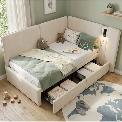 letto singolo 90x200 con cassetti USB beige OKMYHOME (1/5)
