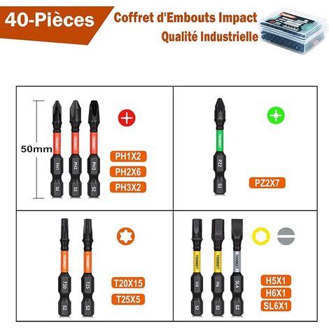 Jeu Embouts de Vissage 50 mm Torx PH PZ Hex Fente Acier S2 Embouts Magnétiques Visseuse Tige Hex 1/4 Boîte (1/4)