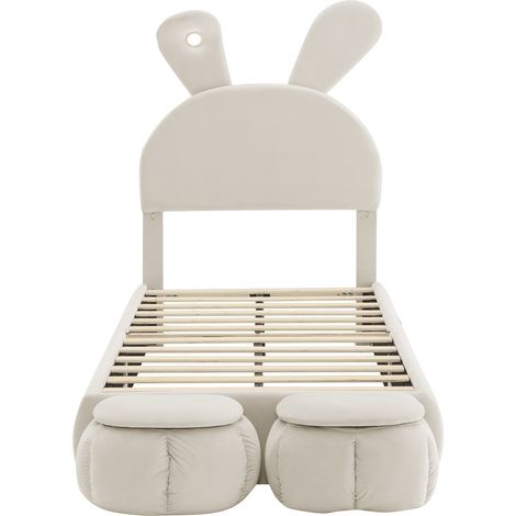Cama infantil 90x200 cm de terciopelo beige con orejas de conejo, LED regulable y 2 pufs (1/5)