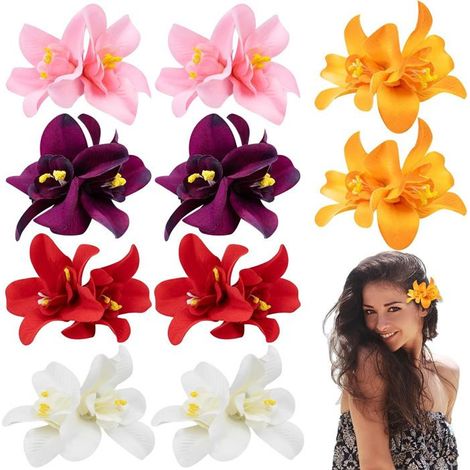 Lot de 10 pinces cheveux fleurs Hawaï – Orchidées doubles – Pour été, plage, carnaval, mariage (1/5)
