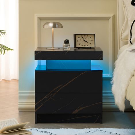 LED-Nachttisch mit 2 Schubladen, Holzwerkstoff, schwarz und gold HAVRYA (1/5)