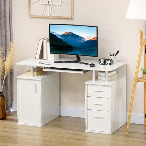 Bureau d'ordinateur, bureau informatique 120 x 55 cm avec plateau pour clavier, 3 tiroirs, pour chambre, domicile, blanc (1/5)