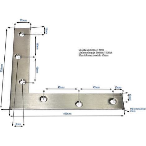 Edelstahl L-Verbinder 150 x 150 x 25 mm (1/4)