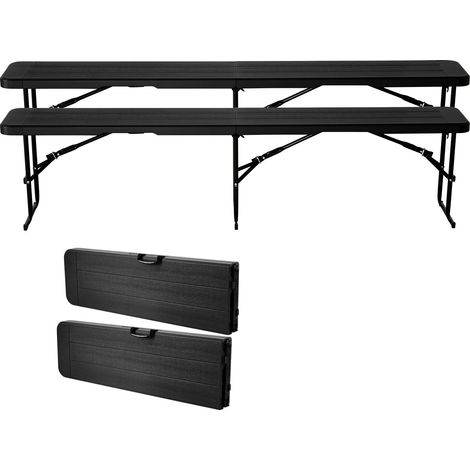Banc pliant en plastique 1,8 m portable, assise PEHD lisse, lot de 2 avec sacs de transport, pour pique-nique, camping, jardin, noir (1/5)
