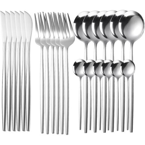 24pcs Couverts, Acier inoxydable, Design ergonomique, Finition polie miroir, Pour repas quotidiens et fêtes (1/5)