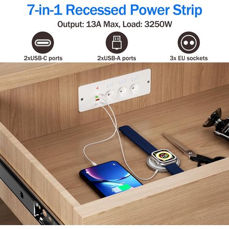 Multipresa da incasso a 3 prese con interruttori, da tavolo, 2 USB-A, 2 USB-C, protezione da sovraccarico, cavo da 1,8 m, bianca - ALTRO (1/4)