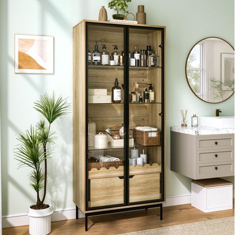 Vitrine haute 75x35x170,8 cm en bois et verre noir naturel, avec rangement pour salon FloraGrace (1/5)