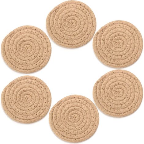 6 sous-verres ronds en verre, corde de coton tissée main, 11x11 cm, kaki, protection meubles et tables (1/5)