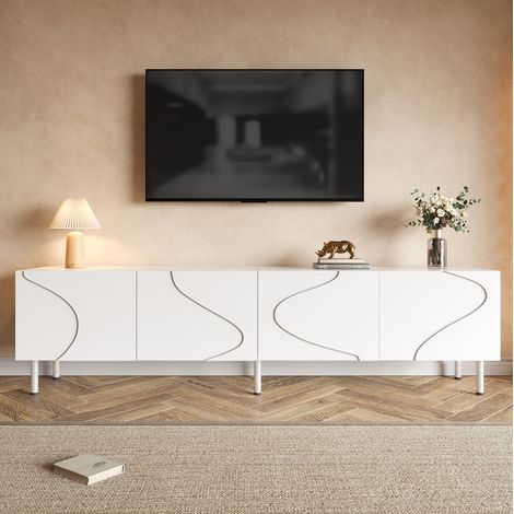 Mobile TV 170x35x50 cm, linee curve tridimensionali, push to open, 4 ante, MDF e pannello truciolare, bianco (1/5)