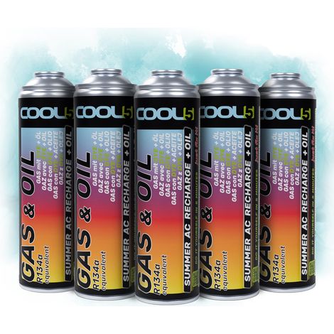 COOL5 2in1 – 5 x R134a-Kältemittelersatz mit Öl, zum Nachfüllen von Klimaanlagen für Pkw (Baujahre 1995–2016) – 5 Dosen + 500 ml APC