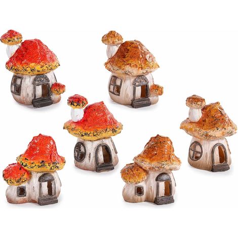 Décoration d'automne maisonnette champignon en résine colorée, à poser, lot de 6, 9 x 8,5 x H. 11 cm