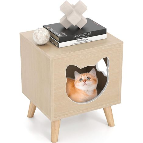 COSTWAY Chiusura per Lettiera Gatto, Mobile Moderno per Gattini con Parte Superiore Rimovibile, Buco e Finestra a Forma di Zampa, Gambe in Legno di Caucciù, Comodino Laterale, 45 x 40 x 54 cm (1/5)