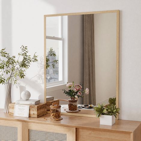Miroir mural 70x90 cm cadre bois naturel design élégant pour salle de bain entrée salon horizontal ou vertical facile à installer (1/5)