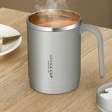 Mug en acier inoxydable 304, grande capacité, gris, idéal pour une utilisation au bureau ou en extérieur. Couvercle et poignée inclus. (1/5)